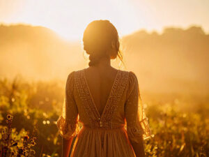 森の中に佇む若い女性の後ろ姿