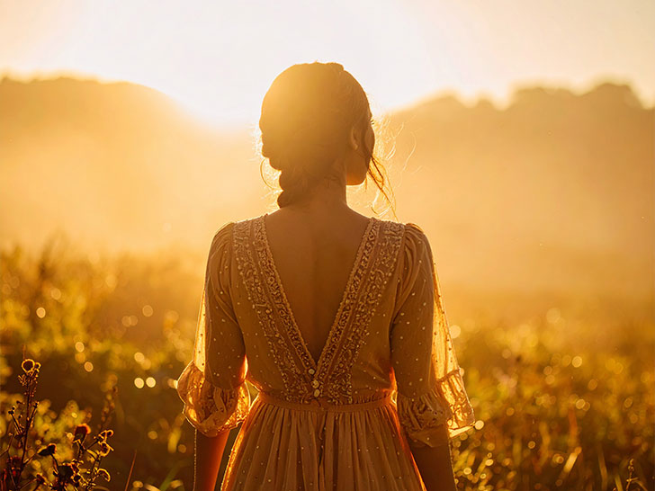 森の中に佇む若い女性の後ろ姿