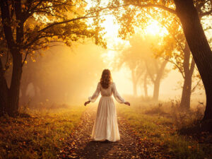 森の中に佇む若い女性の後ろ姿