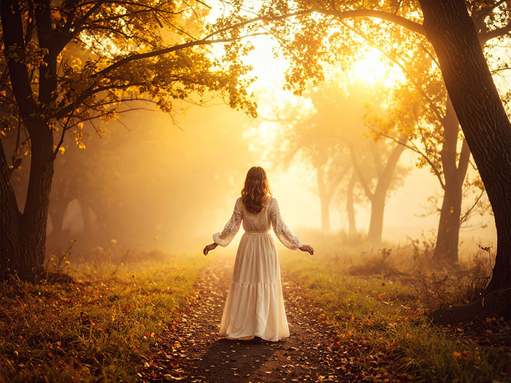 森の中に佇む若い女性の後ろ姿