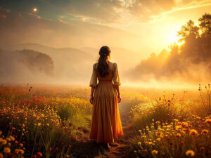 森の中に佇む若い女性の後ろ姿