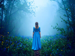 森の中に佇む若い女性の後ろ姿