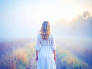 森の中に佇む若い女性の後ろ姿