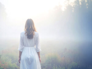 森の中に佇む若い女性の後ろ姿