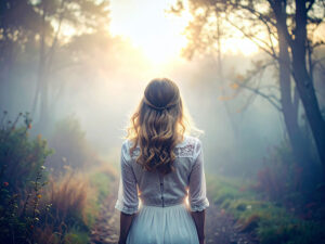 森の中に佇む若い女性の後ろ姿