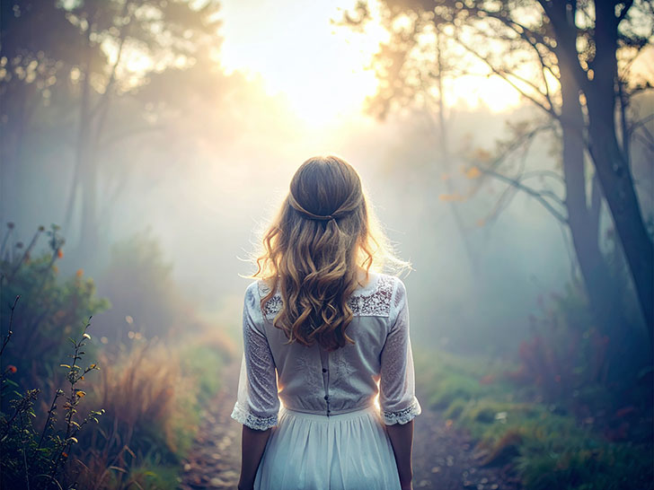 森の中に佇む若い女性の後ろ姿