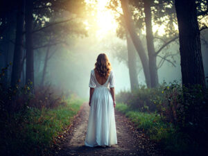 森の中に佇む若い女性の後ろ姿
