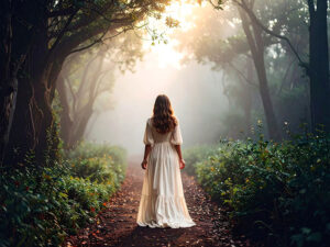 森の中に佇む若い女性の後ろ姿