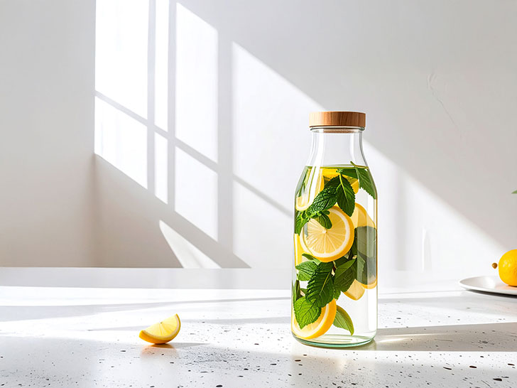 レモンとミント入りの水が入ったボトル