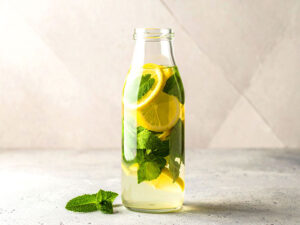 レモンとミント入りの水が入ったボトル