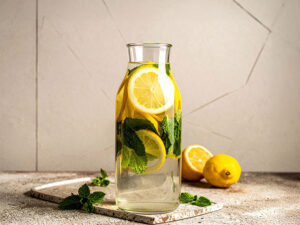 レモンとミント入りの水が入ったボトル