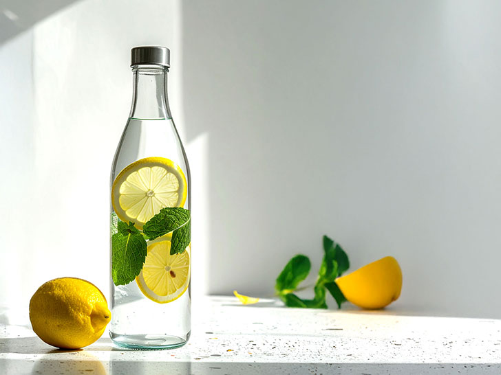 レモンとミント入りの水が入ったボトル