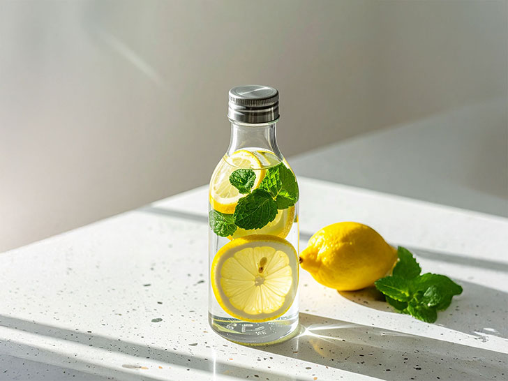 レモンとミント入りの水が入ったボトル