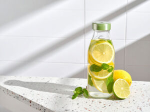 レモンとミント入りの水が入ったボトル