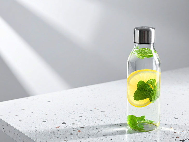 レモンとミント入りの水が入ったボトル
