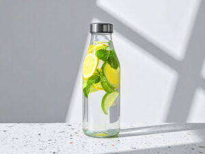 レモンとミント入りの水が入ったボトル
