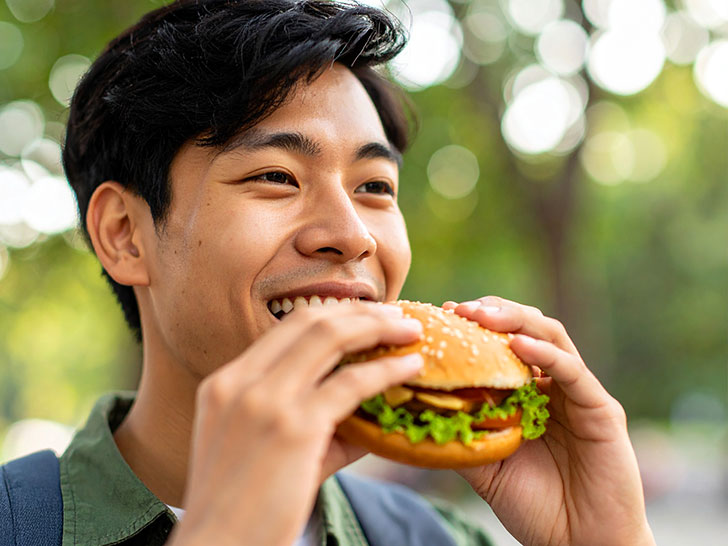 ハンバーガーにかぶりつく若い男性の口元