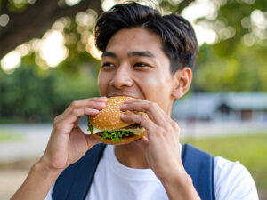 ハンバーガーにかぶりつく若い男性の口元