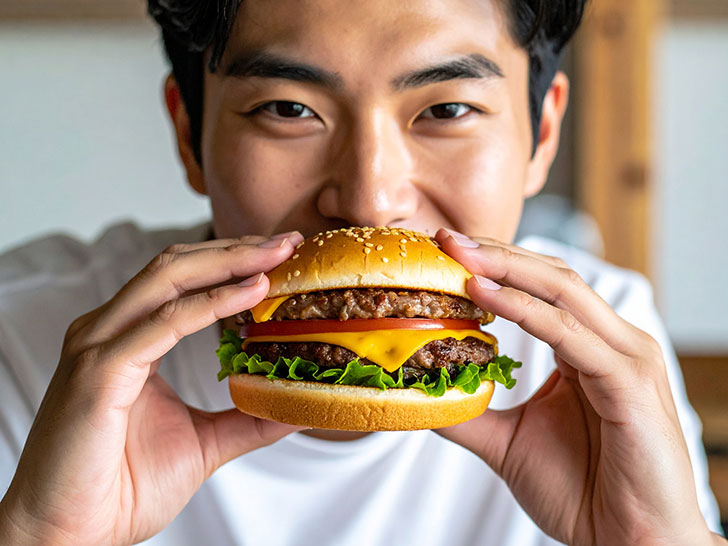 ハンバーガーにかぶりつく若い男性の口元