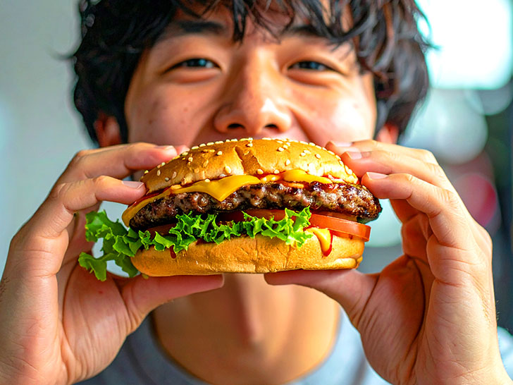 ハンバーガーにかぶりつく若い男性の口元